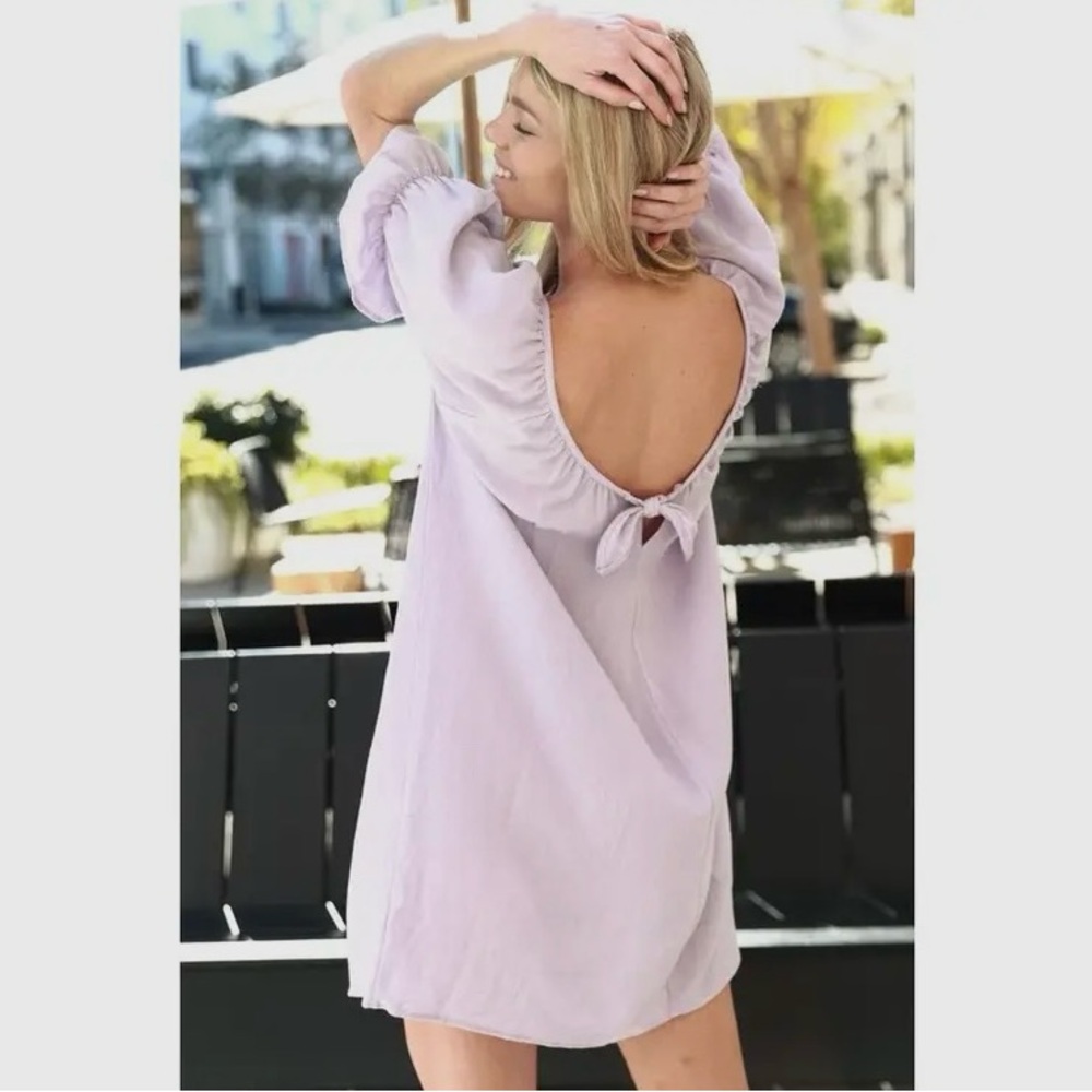 Boho Gauze Lilac Low Bow Back-Tie Mini Dress NWT S M L sun breezy babydoll